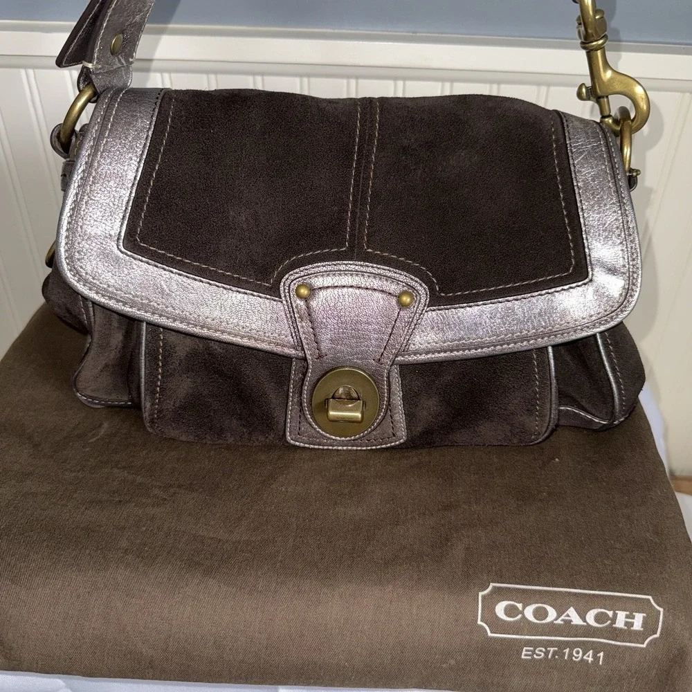 VTG COACH Y2K LEGACY ALI BROWN SUEDE METALLIC FLAP HOBO SHOULDER BAG PURSE